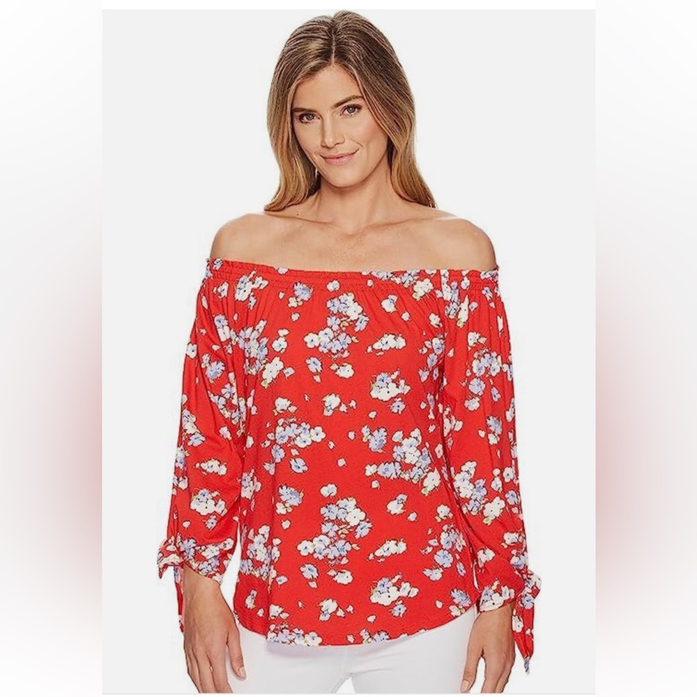 Lauren Ralph Lauren Red Floral Off the Shoulder Tie Sleeve Cotton Top Size 2X
